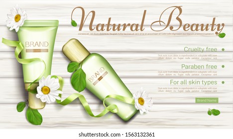 Natural cosmetics bottles with chamomile top view mock up banner. Cruelty and paraben free beauty product cream and lotion tubes for all skins types. Eco cosmetic. Realistic 3d vector illustration