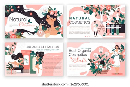 Natural cosmetics brochure, woman beauty products booklet, vector illustration. Organic cosmetics for face and body skincare, website design. Wellness spa products from natural ingredients for women