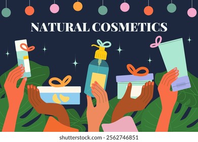 Natural cosmetics. Christmas care product collection, flat moisturizing cosmetic jars composition with christmas decorations. Skincare set.