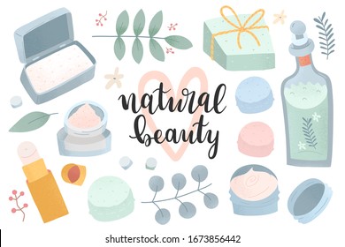 Natural cosmetics collection, sustainable beauty products, organic hand made skin care treatments, set of isolated hand dawn vector illustrations, cream, lotion and soap bar, rose water