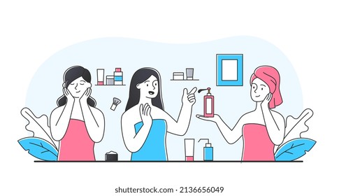 Natural cosmetics concept. Girls in bathroom exchange creams and drugs. Lotions and skin care. Youth, hygiene and beauty, antiwrinkle and antiaging treatments. Cartoon flat vector illustration