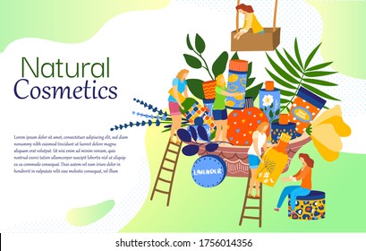 Natural cosmetics concept, woman skincare products, tiny people cartoon characters, vector illustration. Facial cream organic ingredients, herbal oils cosmetology. Girl hygiene and skin health shop