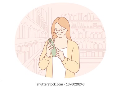 Natural Cosmetics Concept. Young Smiling Girl Cartoon Character Standing With Bottle Of Shampoo In Hands And Reading Ingredients. Customer, Beauty, Skincare And Organic Illustration 