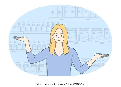 Natural cosmetics concept. Young smiling girl cartoon character standing with stretched hands and enjoying assortment of organic treatment products in shop illustration 