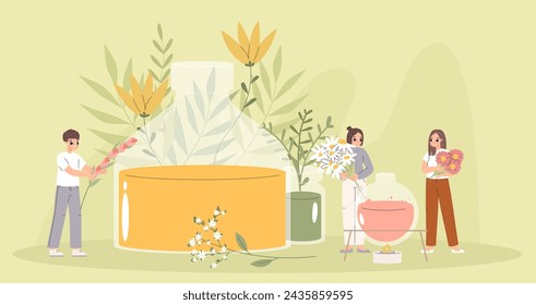 Natural cosmetics creation. Eco herbs and flowers for cosmetic, essential oils or fragrance. Homemade perfume, young creators snugly vector scene