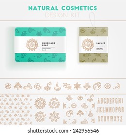 Natural cosmetics design kit with seamless pattern and logo templates.