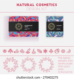 Natural cosmetics design kit with seamless pattern and logo templates.