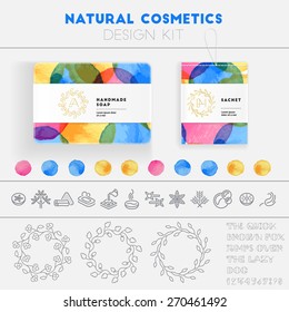 Natural cosmetics design kit with watercolor pattern and logo templates.