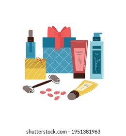 Natural cosmetics, eco products, beauty products. Flat cartoon illustration.