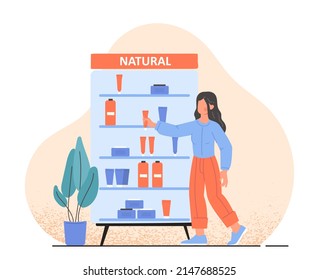 Natural cosmetics, eco products choosing in store. Girl buys organic cosmetics for facial and body skin care in store. Shelf with creams, lotions, shampoos and serums. Cartoon flat vector illustration