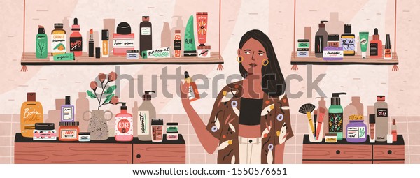 Natural cosmetics, eco products choosing in store\
flat illustration. Female shop assistant, cosmetic buyer cartoon\
character. Toiletry assortment. Lady skincare, makeup, beauty\
products choice.