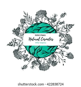 Natural cosmetics. Flowers set of clover, yarrow, burdock. Vector template label with hand draw flowers and herbs. Layout, mockup design for cosmetics shop, beauty salon, natural and organic products.