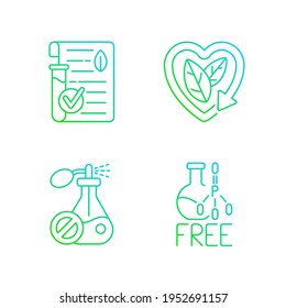 Natural cosmetics gradient linear vector icons set. Certified materials. No synthetic fragrances. Sulfate free. Thin line contour symbols bundle. Isolated vector outline illustrations collection