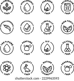 natural cosmetics icon set, icons. Isolated vector black outline stamp label rounded badge product tag on transparent background. Symbols. Paraben free, Non toxic, silicone free, cruelty free.