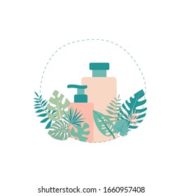 Natural cosmetics illustration. Bottle design element. Exotic plants and beauty, self-care concept. Beauty salon, cosmetology. Banner, logo isolated on white background.