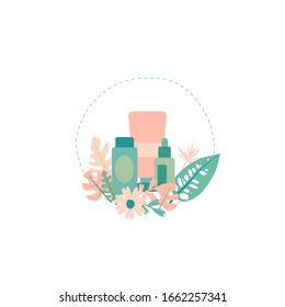 Natural cosmetics illustration. Bottle design element. Exotic plants and beauty, self-care concept. Beauty salon, cosmetology. Banner, logo isolated on white background.