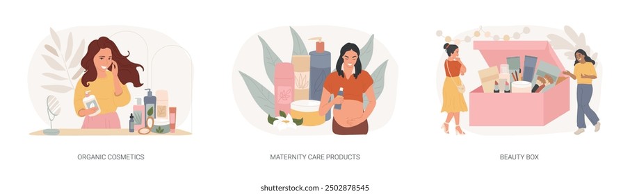 Natural cosmetics isolated concept vector illustration set. Organic cosmetics, maternity care products, beauty box, beauty industry, skin treatment, hair care, newborn cream vector concept.