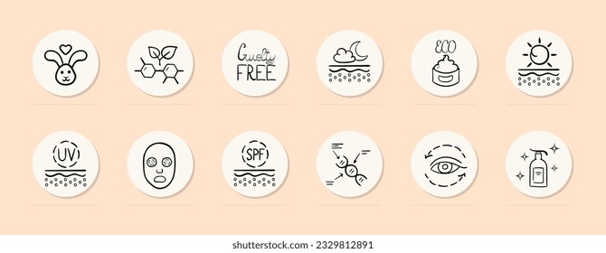 Natural cosmetics line icon. Korean cosmetics, face skin care, shadows, mascara, makeup. Pastel color background. Vector line icon