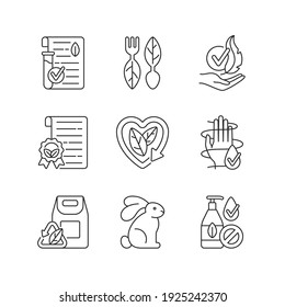 Natural cosmetics linear icons set. Cruelty free. Contemporary beauty industry problems. Customizable thin line contour symbols. Isolated vector outline illustrations. Editable stroke
