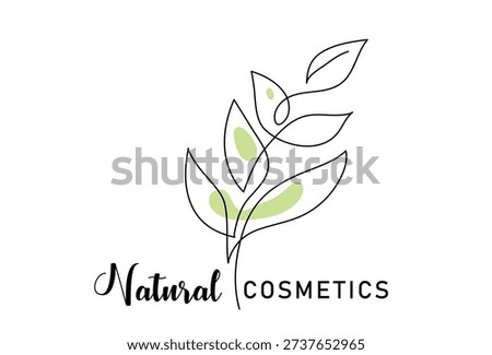 Natural cosmetics logo with branch line art. Minimalist botanical leaf vector for beauty branding, organic skincare, and wellness products.