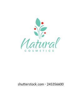 Natürliche Kosmetik Logo Design Vektorvorlage. Grüne Kräuter mit roten Beeren