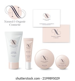 Natural Cosmetics logo. N monogram. Health care cosmetics packaging, business card, tubes and jars with branding.