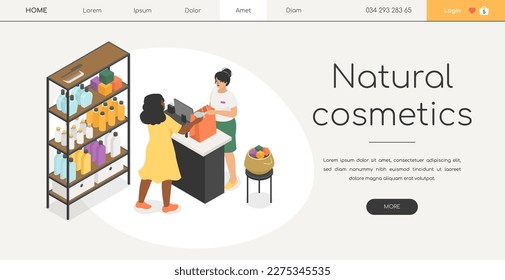 Natural cosmetics - modern vector colorful isometric web banner with copy space for text. High quality composition with female customer buying body and skin care products, assistant at the counter