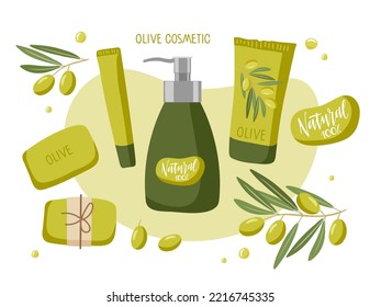 Natural cosmetics with olive. Branch with fruit, cream or scrub, shampoo or lotion jar and tubes, soap. Body, facial skin, hair care. Packaging Design. Cartoon vector isolated illustration