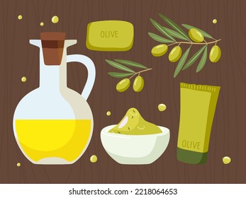 Natural cosmetics with olive. Branch with fruit, cream or scrub, shampoo or lotion jar and tubes, soap. Body, facial skin, hair care. Packaging Design. Cartoon vector isolated illustration.