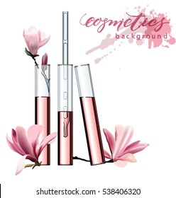Natural cosmetics. Perfume. Flower extract in vitro.Cosmetic ads template, glass droplet bottle with essence oil .3D illustration. Q10 and other ingredients on poster.