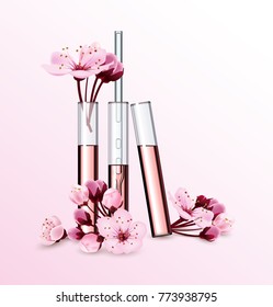 Natural cosmetics. Perfume. Flower extract in vitro.Cosmetic ads template with cherry blossom , glass droplet bottle with essence oil .3D illustration. Q10 and other ingredients on poster. Vector