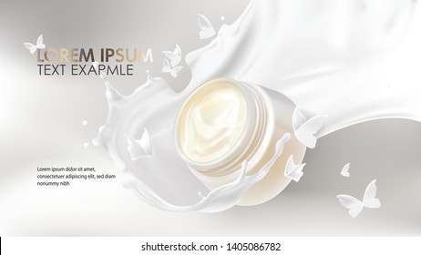 Natural cosmetics realistic vector background. Open jar with organic cosmetic cream falling in milk splash and white liquid flying butterflies silhouettes. Mock up promo banner, concept ad poster