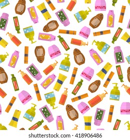 Natural Cosmetics seamless pattern. Bright women's fashion background. Flat style. Design for  store or Spa. Vector illustration.
