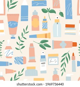 Natural cosmetics seamless pattern. Flat hand drawn tubes and bottles with natural textured leaves. Organic skincare products: lotion, cream, soap, scrub, shampoo. 