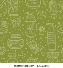 Natural cosmetics. Seamless pattern with cosmetics, flowers and herbs painted by hand. All elements are  hidden under mask. Pattern are not cropped and can be edited. Beauty salon. Beauty, care. Spa