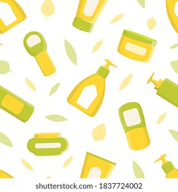 Natural Cosmetics Seamless Pattern, Skincare Beauty Cosmetic Product Bottles, Body Care Cartoon Vector Illustration