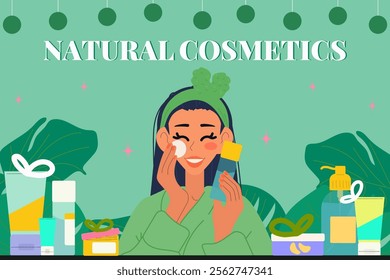 Natural cosmetics. Set with girl and skincare products. Christmas care product collection, flat moisturizing cosmetic jars composition with christmas decorations. Skincare set.