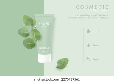 Los cosméticos naturales y los anuncios de productos para el cuidado de la piel se planean sobre fondo verde con hojas.