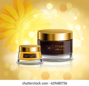 Natural cosmetics and skincare luxury collection products realistic advertisement poster with night cream on bright background vector illustration 