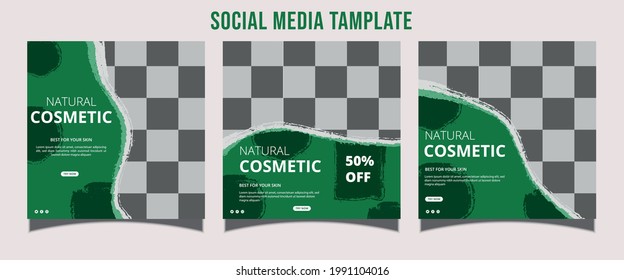 Natural Cosmetics social media posts. Green aloe vera themed. Vector photo frame mockup template illustration