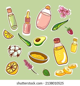 Natural cosmetics sticker set, bottles, essential oils, avocado, aloe, flowers, honey, hand drawn, vector, background clipart