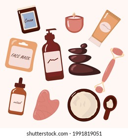 Natural cosmetics tune isolated on white background. Natural face care products. Organic cosmetic illustration: bottle, tube, face mask, jade roller, cream, stones. Flat vector illustration.