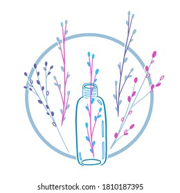 Natural Cosmetics vector illustration. Glass vial with little twig sticking out of it. Handmade organic cosmetic for skin. Hand made beauty products with herbs design. Cosmetic made at home concept.