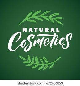 Natural Cosmetics Vector Logo. Stroke Green Leaves Illustration. Brand Lettering.