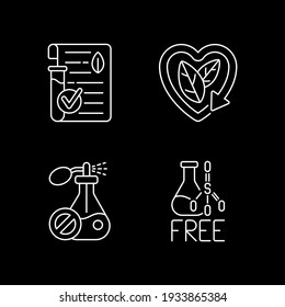 Natural cosmetics white linear icons set for dark theme. Certified materials. Recycle solutions. Night mode customizable thin line symbols. Isolated vector outline illustrations. Editable stroke
