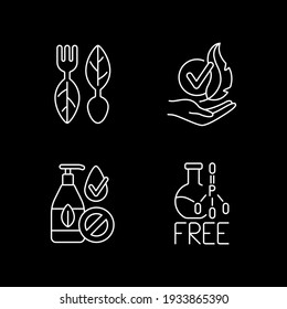 Natural cosmetics white linear icons set for dark theme. Phosphate free. Vegan cosmetics. Night mode customizable thin line symbols. Isolated vector outline illustrations. Editable stroke