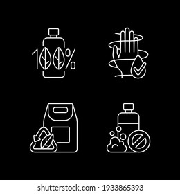Natural cosmetics white linear icons set for dark theme. Dermatologically tested. Beauty industry. Night mode customizable thin line symbols. Isolated vector outline illustrations. Editable stroke