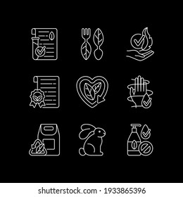 Natural cosmetics white linear icons set for dark theme. Cruelty free. Beauty industry. Night mode customizable thin line symbols. Isolated vector outline illustrations. Editable stroke