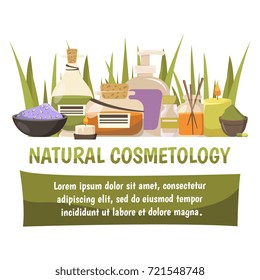 Natural cosmetology design composition with text banner and salt essential oil aroma candle icons flat vector illustration