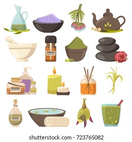 Natural cosmetology icons set related to beauty spa relaxation aroma therapy and thalassotherapy flat isolated vector illustration